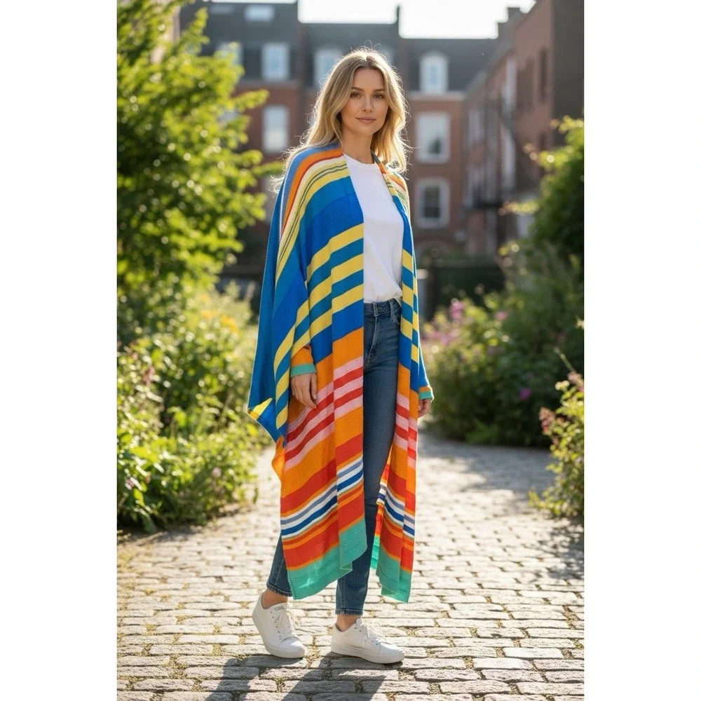 LRL Ralph Lauren Womens Size L‎ / XL Open Front Wrap Shawl Cotton Striped VTG